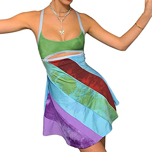 Y2K Dress for Women Summer Sleeveless Rainbow Bodycon Retro Going Out Dress 2000s 70s Halloween Costume