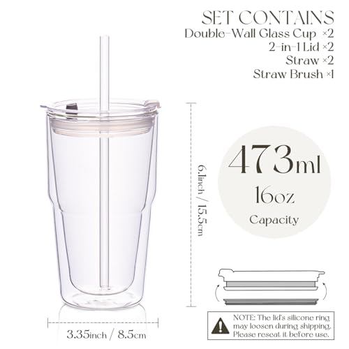 KEMORELA 2 Pack Double Wall Borosilicate Glass Tumblers with Lids and Straws, 16oz Insulated Iced Coffee Cups, Reusable Sm...