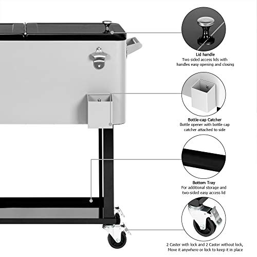 VINGLI 80 Quart Rolling Ice Chest, Portable Patio Party Bar Drink Cooler Cart, with Shelf, Beverage Pool with Bottle Opener