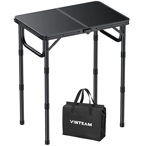 VINTEAM Camping Folding Table with Adjustable Height, Lightweight Portable Outdoor Picnic Table, BBQ Grill Side Table, Dur...