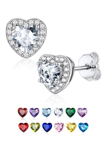 Birthstone Stud Earrings for Women 925 Silver Needle Diamond Heart Stud Earrings Cute Hypoallergenic Earring April Birthday Gift Jewelry