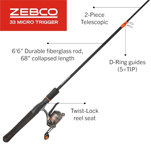 Zebco 33 Micro Trigger Spincast Reel and Fishing Rod Combo, 6-Foot 6-Inch 2-Piece Telescopic Rod, Ultra-Lt Power, Mod Acti...