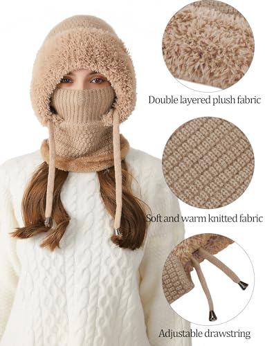 SEAUR Women One-Piece Slouchy Winter Beanie Hats Fleece Lined Scarf Mask Warm Cap Balaclavas Knitted Hat with Drawstring