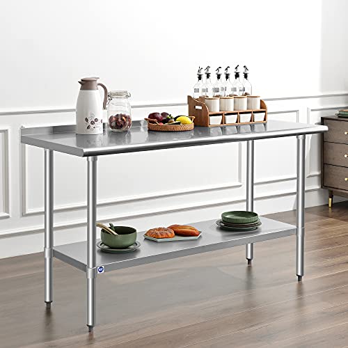 ROCKPOINT Stainless Steel Table for Prep & Work with Backsplash 24x60 Inches, NSF Metal Commercial Kitchen Heavy Duty Table with Adjustable Under Shelf and Table Foot for Restaurant, Home and Hotel