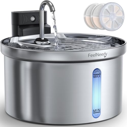 Wireless Cat Water Fountain [Water & Battery Separation] FEELNEEDY Stainless Steel Automatic Pet Water Dispenser, 4000mAh ...