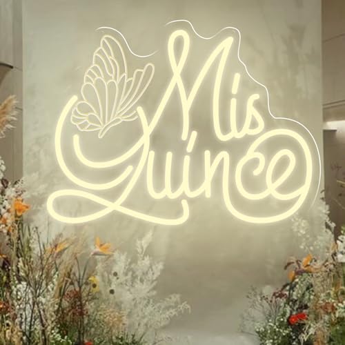 Mis Quince Neon Sign with Engraved Butterfly Design, Warm White Dimmable LED Light for Quinceañera Decorations, Sweet 15 B...
