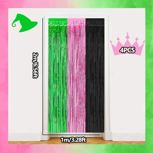 Pink Green Black Foil Fringe Curtains Backdrop Birthday Party Decorations, 4 Pack 3.28 x 6.56 Ft Witch Themed Tinsel Strea...
