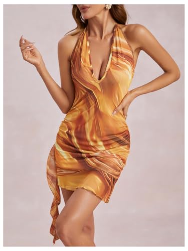 Milumia Women's Sexy Open Back Halter Dress Low Cut Ruffle Hem Mini Dresses