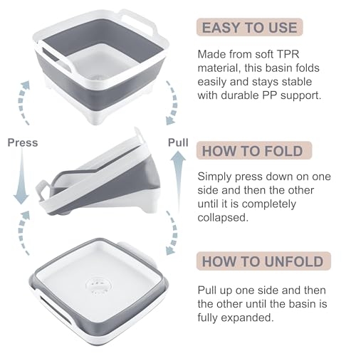 2.4 Gal(9L) Collapsible Dish Basin with Drain Plug, Space Saving Outdoor Multiuse Foldable Sink Tub, Dishpan, Kitchen Stor...