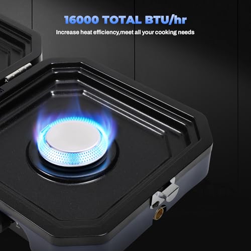 Propane Double Burner Two Burner Camp Stove, 16000 BTU Portable Folding Gas Stove for Camping, With grill, grill pan and c...