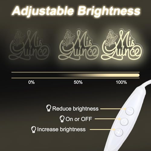 Mis Quince Neon Sign with Engraved Butterfly Design, Warm White Dimmable LED Light for Quinceañera Decorations, Sweet 15 B...