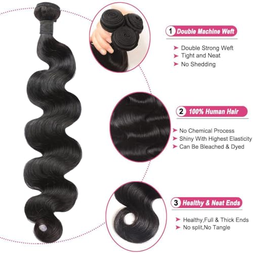 CHEEON Body Wave Bundles Human Hair 20 22 24 Inch Human Hair Bundles 12A Grade Unprocessed Brazilian Virgin Hair Extensions 3 Bundles Deal Natural Black