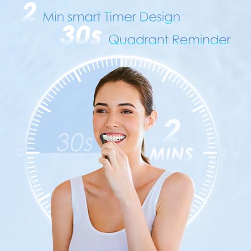 SunnyNest Electric Toothbrush for Adults with 8 Replacement Brush Heads, Travel Bag, 5 Cleaning Modes, IPX7 Waterproof, Rechargeable, Smart Timer, Black Whitening Power Toothbrush Set
