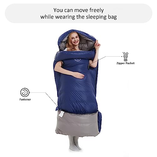 OMVMO 0-20 Degrees F Down Sleeping Bag for Adults - 4 Season Envelope With Arm Holes, Wearable for Backpacking Camping - U...