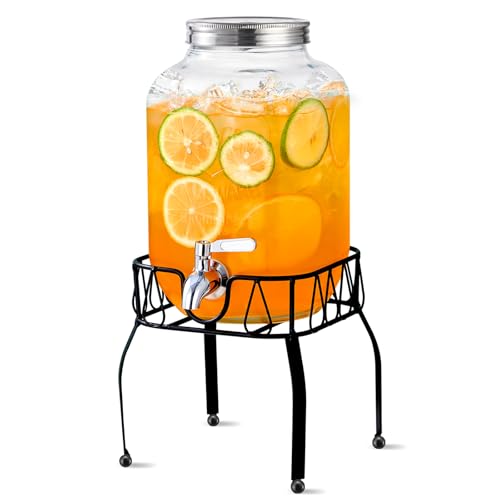 2 Gallon Glass Beverage Dispenser with Stand, Stainless Steel Spigot and Lid, Glass Drink Dispensers for Parties, Drink Di...