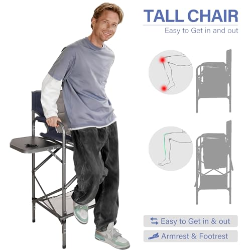 LANMONTAIN Folding Tall Director Chairs,30.7'' Seat High Makeup Solan Chairs,Portable Camping Chair w/Side Table Functiona...