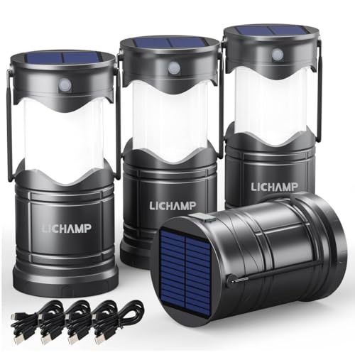 Lichamp 4-Pack Solar Camping Lantern, USB Rechargeable LED Lanterns Battery Powered Pop Up Flashlight Lamps with Three Mod...