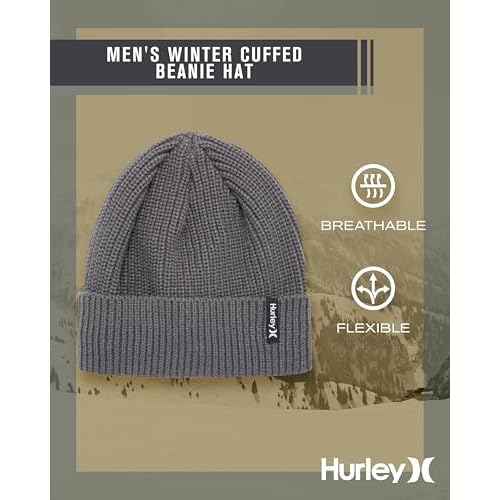 Hurley Men's Cuffed Beanie - Classic Midweight Loose Knitted Winter Hat for Men