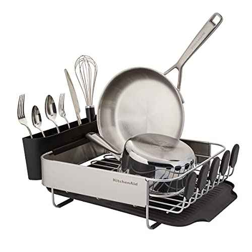 KitchenAid Compact, Space Saving Rust Resistant Dish Rack with Removable Flatware Caddy and Angled Self Draining Drainboard, 16.06-Inch, Black