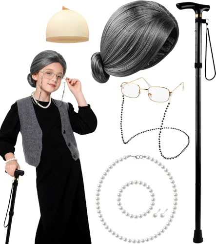 EVAFESNS 100 Days of School Old Lady Grandma Costume Accessories Set with Wig, Glasses, Cane & Faux Pearl Set