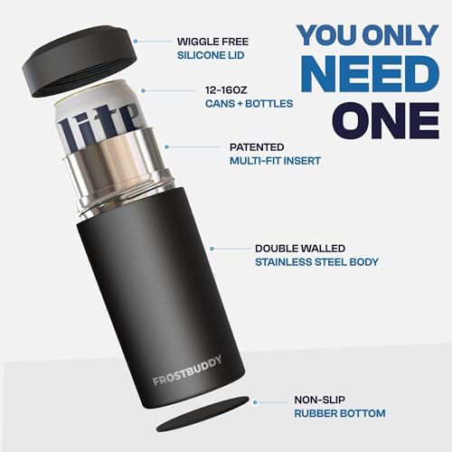 Frost Buddy Universal Can Cooler - Fits All - For Regular 12 & 16 oz or Slim-Size Bottles - Insulated Double-Walled Stainl...