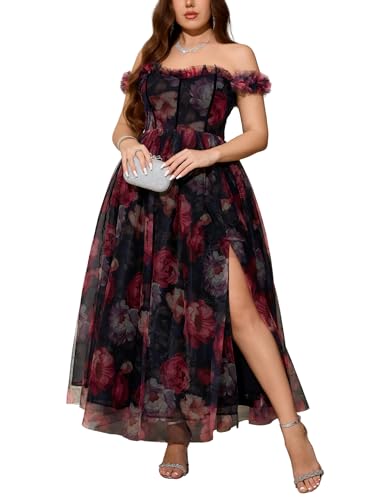 Women's Plus Size Formal Party Cocktail Dress, Wedding Guest Evening Gown with Slit - Off Shoulder Floral Tulle Maxi Dress