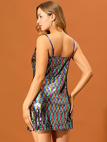 Allegra K Women's Glitter Sequin Dress Spaghetti Strap V Neck Party Cocktail Sparkly Mini Dress Clubwear