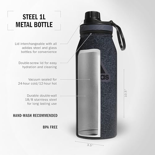 adidas 1 Liter (32 oz) Metal Water Bottle, Hot/Cold Double-Walled Insulated 18/8 Stainless Steel, Twill Black/Black/Grey F...