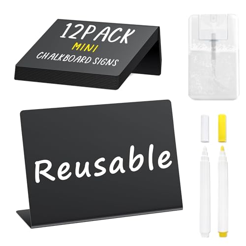 PigPotParty 12 Pcs Food Labels for Party Buffet w/Cleaning Spray, 4"x3" Mini Chalkboard Signs for Food Display, Table Plac...
