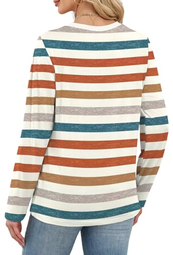 WIHOLL Womens Striped Long Sleeve Shirts Fall Outfits 2025 Color Block Tops Fashion Clothing Ribbed Crewneck Tee Blouses