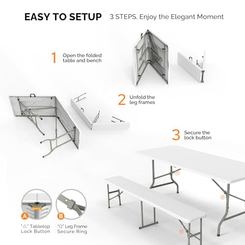 VINGLI Picnic Table Set with 2 Benches, 6 Feet Camping Table Chair Set,3-Piece Folding Furniture for Indoor or Outdoor Us...