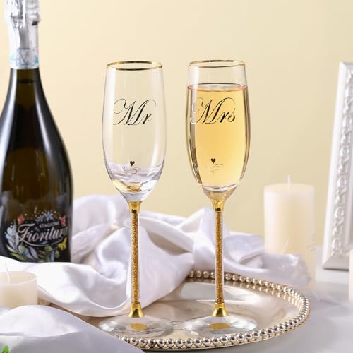 DUJUST Crystal Glass Wedding Champagne Flutes, Mr & Mrs Champagne Glasses with Handcrafted Gold Rim & 24K Gold Leaf Flake...