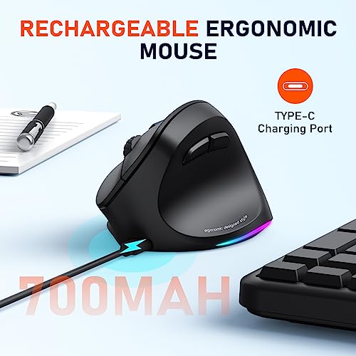 MEETION Ergonomic Mouse, Wireless Vertical Mouse RGB Backlit Rechargeable Mice for Bluetooth(5.2 + 3.0) & USB-A with USB-C...