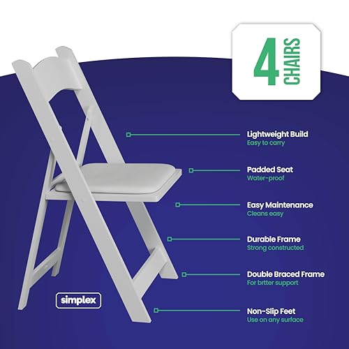 SIMPLEX 4 White Folding Chairs – Resin Stackable Foldable Chairs with Padded Seats – Comfortable White Folding Chairs for ...