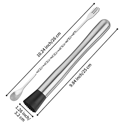 tifanso Muddler for Cocktails, 10" Muddler and Long Handle Bar Cocktail Mixing Spoon, Stainless Steel Stirrer, Bar Accesso...