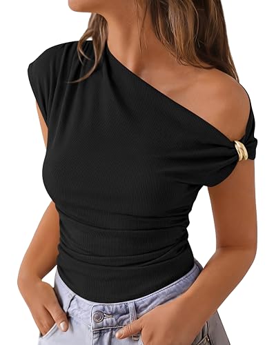 PRETTYGARDEN Womens Summer Off The Shoulder Crop Tops Ribbed Going Out Fitting T Shirts Trendy Spring Y2k Clothes 2026