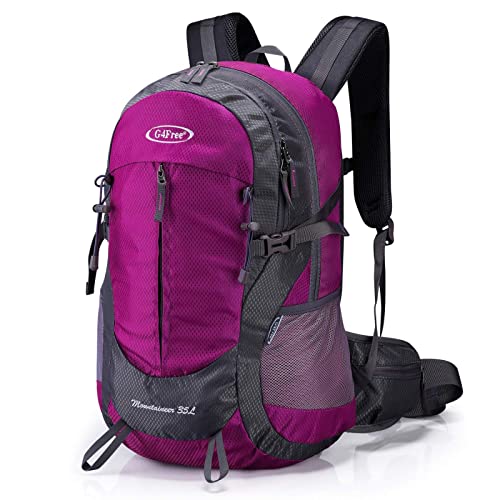 G4Free 35L Hiking Backpack Water Resistant Outdoor Sports Travel Daypack Lightweight with Rain Cover for Women Men(Rose Red)