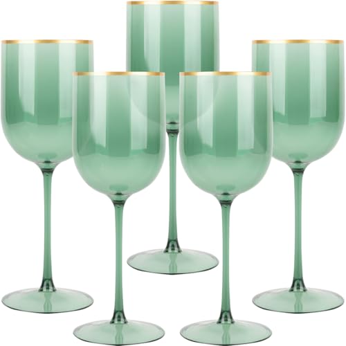 Blue Sky Green Plastic Wine Glasses With Gold Rim - 12oz (5-Pack) Reusable, Disposable Cups for Parties and Events
