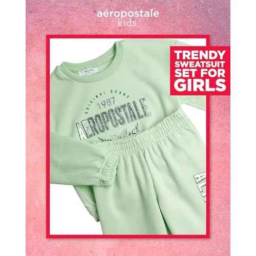 AEROPOSTALE Girls Sweat Suit Set - 2 Piece Soft Fleece Pullover Graphic Crewneck Sweatshirt and Jogger Pants for Girls (4-12)