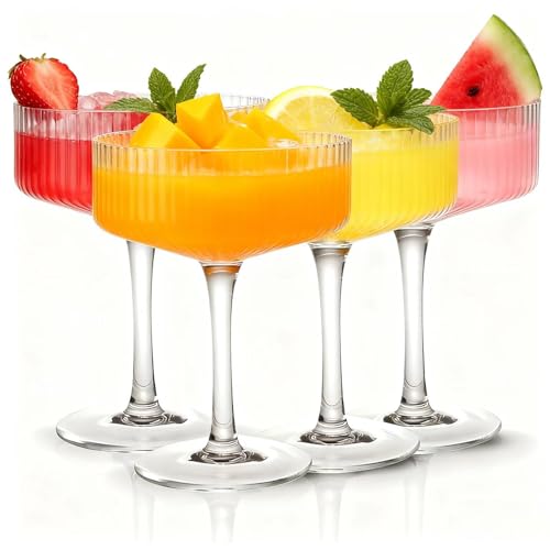 4 Pcs Ribbed Coupe Glasses, 10 oz Large Vintage Martini Glass Set, Unique Margarita Glass, Classic Cocktail Galssware, Rib...