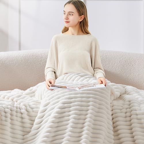 BEDELITE Fleece Throw Blanket for Couch - 300GSM Soft & Warm Fluffy Cream White Blanket, Decorative and Giftable Striped B...