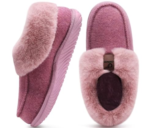 COFACE Women's Memory Foam House Slippers Arch Support Moccasin Winter Shoes Ladies Warm Fuzzy Faux Fur Collar With Indoor...