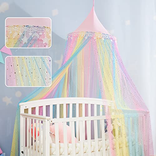 MOOZHEALTH Rainbow Bed Canopy for Girls,Shiny Kids Princess Round Dome Bed Curtain with Star Moon Glitter,Kids Crib Canopy...