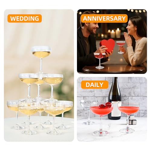 QOWOEO Set of 12 - Champagne Coupe Glasses, 7 Oz Clear Cut Rim Martini Glass with Short Stable Base, Ideal for Parties, Bi...