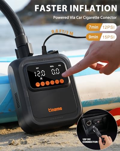 tinams 20PSI High-Pressure Electric SUP Pump, 12V Car-Powered Auto Shut-Off Air Pump, Ultra-Lightweight for Paddle Boards,...