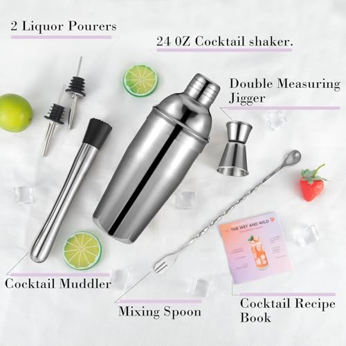 Cocktail Shaker Set, 6-Piece Mixology Bartender Kit Premium Shakers Bartending: Martini Shaker Jigger Mixing Spoon Muddler...