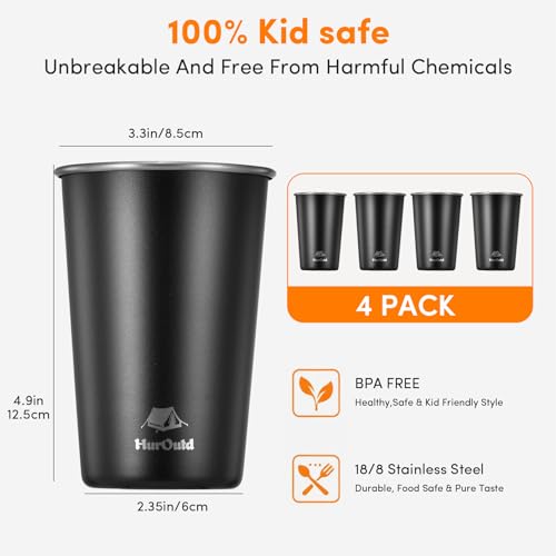 HurOutd 8 Pack Stainless Steel Cups 16oz -Black Stackable Metal Drinking Glasses for Camping, Travel, Shatterproof Tumblers