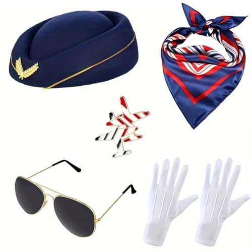 FOUTOUKEEP Flight Costume Set Beret Scarf White Gloves Sunglasses Airplane Pin Role Play Party Halloween Cosplay