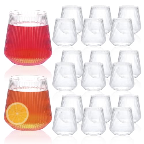 Kifmurase 20 Pack Plastic Ribbed Wine Glasses, 14OZ Origami Disposable Wine Glasses, Unbreakable Clear Plastic Cocktail Cu...
