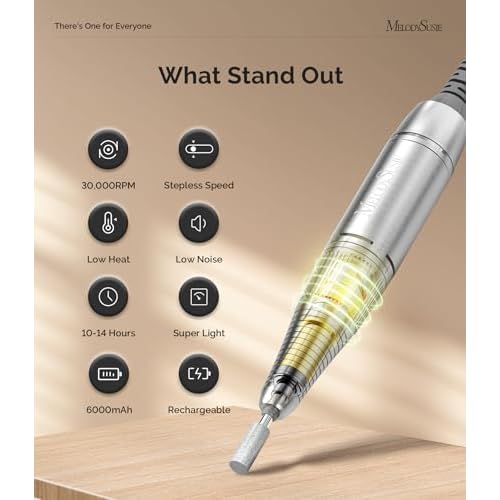 MelodySusie Entry-Level Clip-On Cordless Nail Drill, SC320H 30000RPM Popular Classic E-File with LCD Display for Manicure Shaping & Gel Removal, Perfect for Training, Nail Art Practice & Home Use